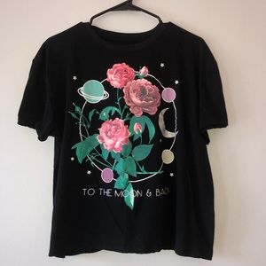 Freeze Black Crop Top with Floral and Planet Design